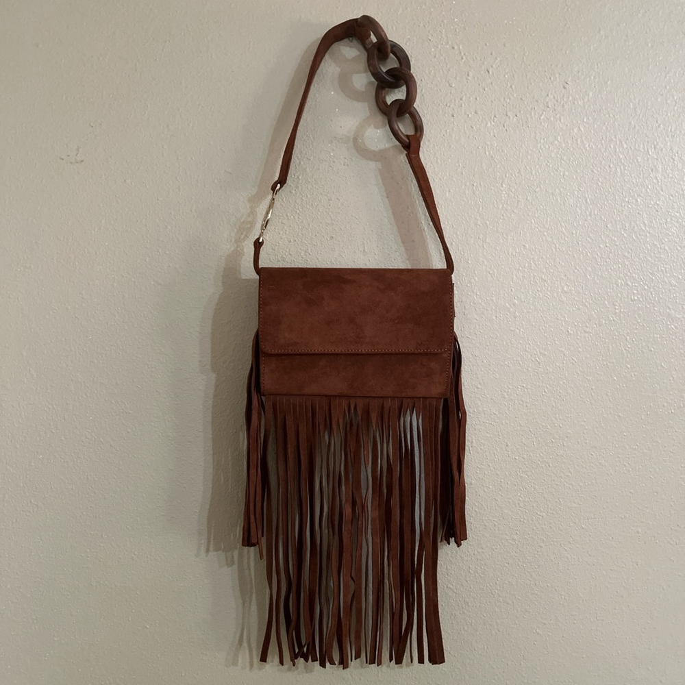 Brother Vellies Brown fringe crossbody bag with chain detail - Picture 1 of 14